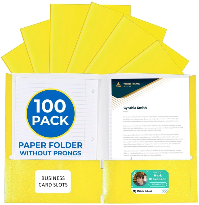Main image of 100 Pack Yellow 2 Pocket Paper Folders. Heavy Duty, Bulk Folders with Pockets and Business Card Slots. Colored Letter Size Document Organizers. Durable Portfolio for School, College, Office Files
