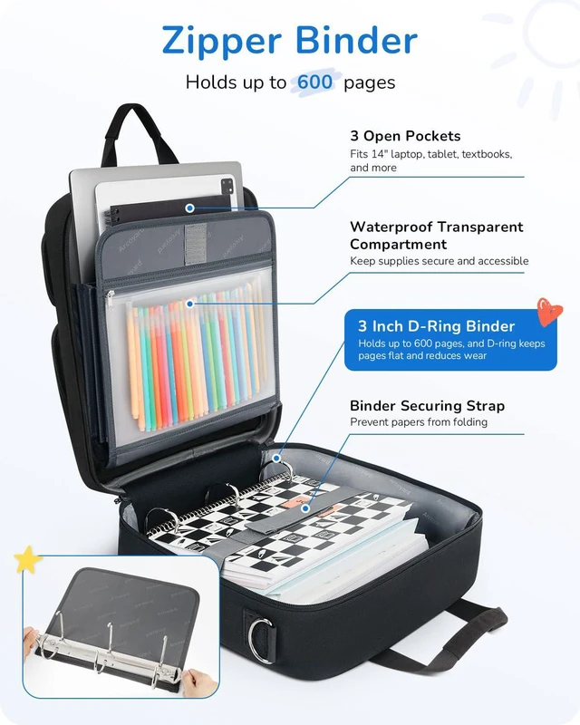 Alt view image 3 of 7 - Zipper Binder 3 Ring with Ita Window, 3 Inch D-Ring Binder with Zipper and Strap Fits 14" Laptop, 600+ Sheets Capacity 3-in-1 Shoulder/Backpack/Handle Binder Bag for School Office Commute, Black