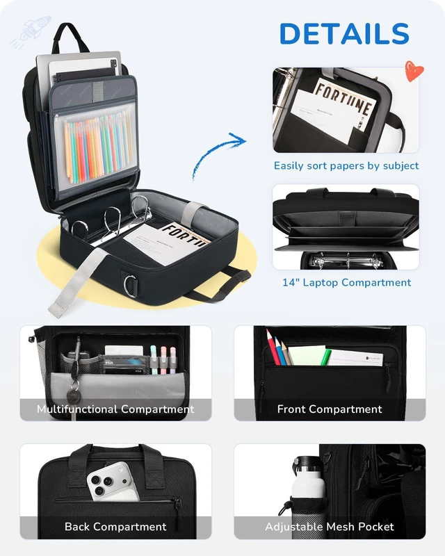 Alt view image 5 of 7 - Zipper Binder 3 Ring with Ita Window, 3 Inch D-Ring Binder with Zipper and Strap Fits 14" Laptop, 600+ Sheets Capacity 3-in-1 Shoulder/Backpack/Handle Binder Bag for School Office Commute, Black