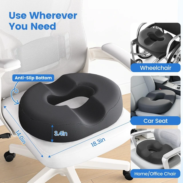Alt view image 6 of 7 - Donut Pillow Cooling Gel Memory Foam Cushion, Large, Grey Relief for Tailbone Pain Hemorrhoids Pregnancy Sciatica, Machine Washable Cover, Non-Slip Base, Office Wheelchair