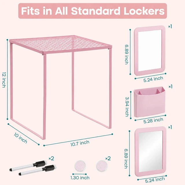 Alt view image 2 of 7 - Pink Locker Organizer Accessories Kit for Stuends Locker Decor 8-Piece, Metal Locker Accessories with Shelf, Mirror, Pen Holder, Whiteboard for Work Office Gym, Back to School Supplies