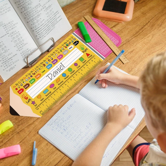 Alt view image 7 of 7 - 36 Pack Self Adhesive Name Tags for Classroom Student Desks,Multipurpose Manuscript Students Name Plates for desks Classroom with Multiplication, Fractions and Percentages Table(14.2 x 4 Inch,Pencil)