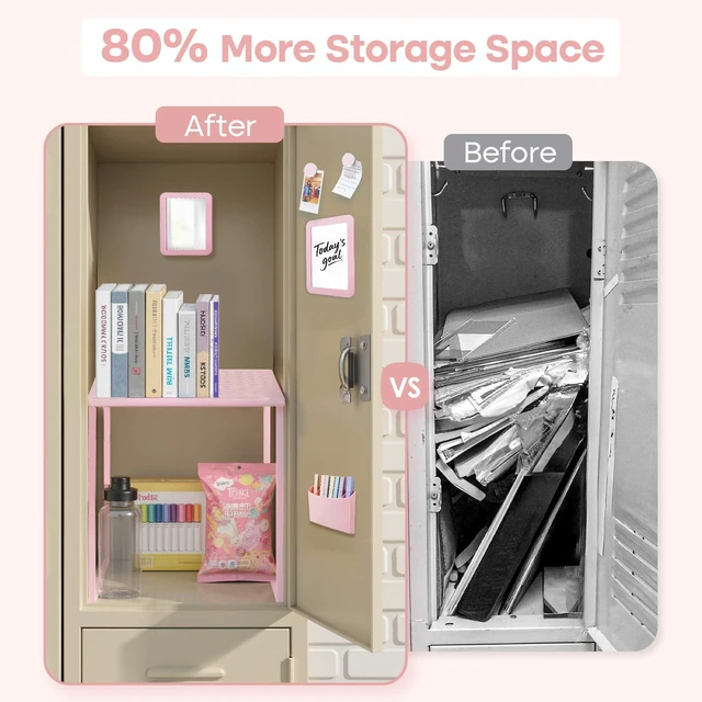 Alt view image 3 of 7 - Pink Locker Organizer Accessories Kit for Stuends Locker Decor 8-Piece, Metal Locker Accessories with Shelf, Mirror, Pen Holder, Whiteboard for Work Office Gym, Back to School Supplies