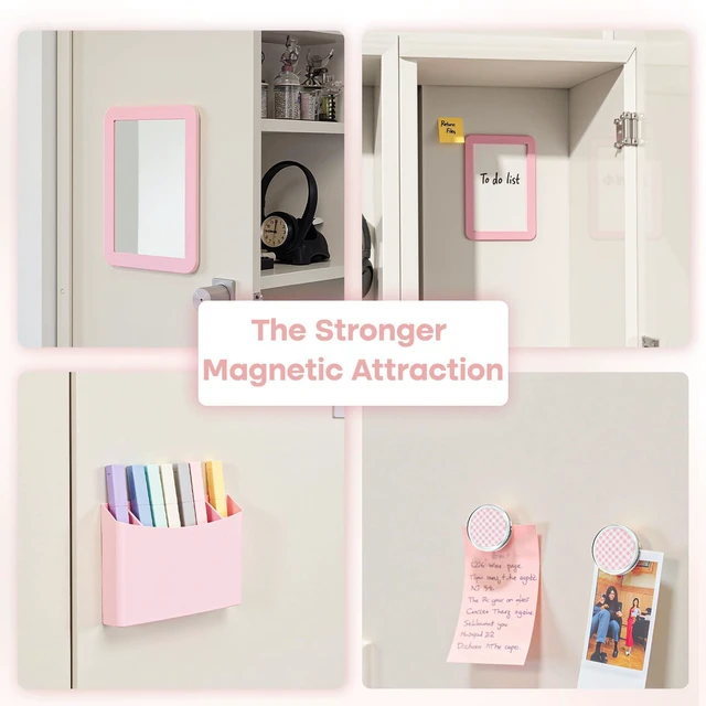 Alt view image 5 of 7 - Pink Locker Organizer Accessories Kit for Stuends Locker Decor 8-Piece, Metal Locker Accessories with Shelf, Mirror, Pen Holder, Whiteboard for Work Office Gym, Back to School Supplies