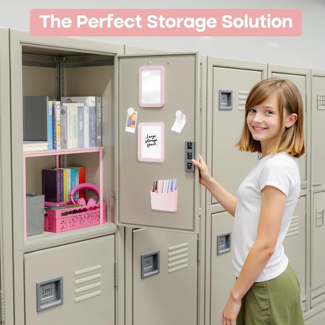 Alt view image 6 of 7 - Pink Locker Organizer Accessories Kit for Stuends Locker Decor 8-Piece, Metal Locker Accessories with Shelf, Mirror, Pen Holder, Whiteboard for Work Office Gym, Back to School Supplies