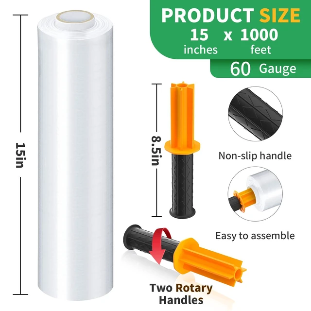 Alt view image 2 of 7 - Stretch Film With Handles Industrial Strength Moving Wrapping Plastic Roll Shrink Wrap For Pallet Wrap 15 Inches X 1000 Feet 4 Pack 60 Gauge
