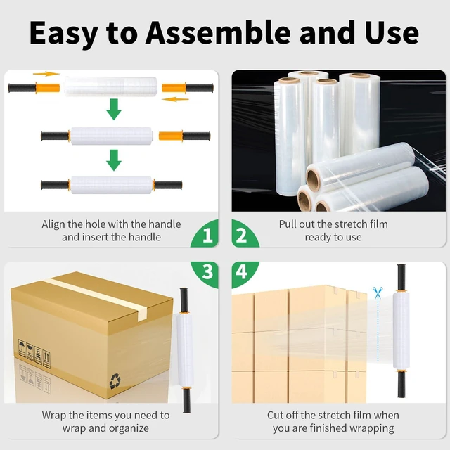 Alt view image 4 of 7 - Stretch Film With Handles Industrial Strength Moving Wrapping Plastic Roll Shrink Wrap For Pallet Wrap 15 Inches X 1000 Feet 4 Pack 60 Gauge