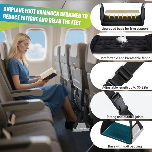 Alt view image 3 of 7 - Foot Hammock for Plane Travel, No Collapse Thickened Bamboo Airplane Foot Rest for Long Flight, Desk Foot Hammock with Extended Adjustment Strap to Relax Your Feet, Foot Sling Travel Essentials