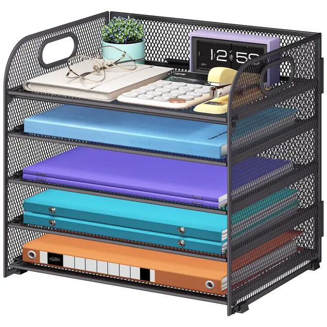 Main image of 5 Tier Paper Organizer with Handle, Grey Metal Mesh Desk Organizer File Folder Paper Letter Tray Desktop Document Sorter for Classroom, School, Office Accessories Organization and Storage