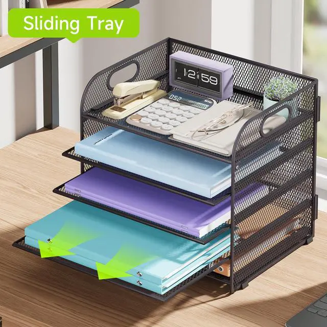 Alt view image 3 of 7 - 5 Tier Paper Organizer with Handle, Grey Metal Mesh Desk Organizer File Folder Paper Letter Tray Desktop Document Sorter for Classroom, School, Office Accessories Organization and Storage