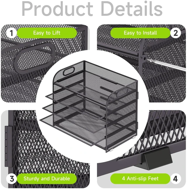 Alt view image 4 of 7 - 5 Tier Paper Organizer with Handle, Grey Metal Mesh Desk Organizer File Folder Paper Letter Tray Desktop Document Sorter for Classroom, School, Office Accessories Organization and Storage
