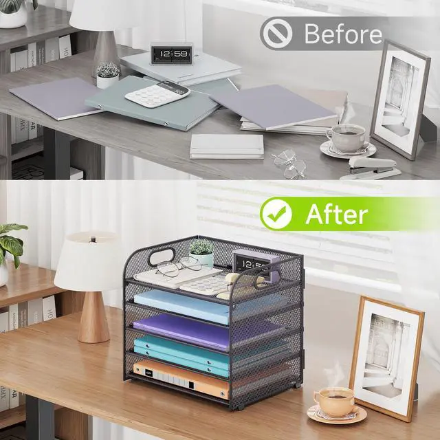 Alt view image 6 of 7 - 5 Tier Paper Organizer with Handle, Grey Metal Mesh Desk Organizer File Folder Paper Letter Tray Desktop Document Sorter for Classroom, School, Office Accessories Organization and Storage