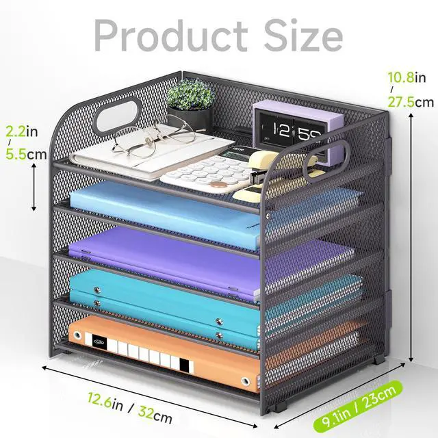 Alt view image 5 of 7 - 5 Tier Paper Organizer with Handle, Grey Metal Mesh Desk Organizer File Folder Paper Letter Tray Desktop Document Sorter for Classroom, School, Office Accessories Organization and Storage