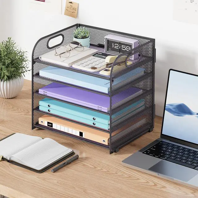 Alt view image 7 of 7 - 5 Tier Paper Organizer with Handle, Grey Metal Mesh Desk Organizer File Folder Paper Letter Tray Desktop Document Sorter for Classroom, School, Office Accessories Organization and Storage