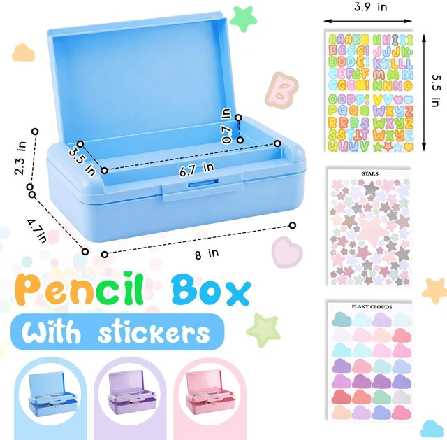 Alt view image 2 of 7 - 2 Pcs Double Layer Plastic Pencil Box with 3 Stickers,Solid Blue Large Capacity Pencil Case for Kids Girl Boy Back to School Supplies Hard Crayon Organizer with Snap-tight Lid for Art Craft