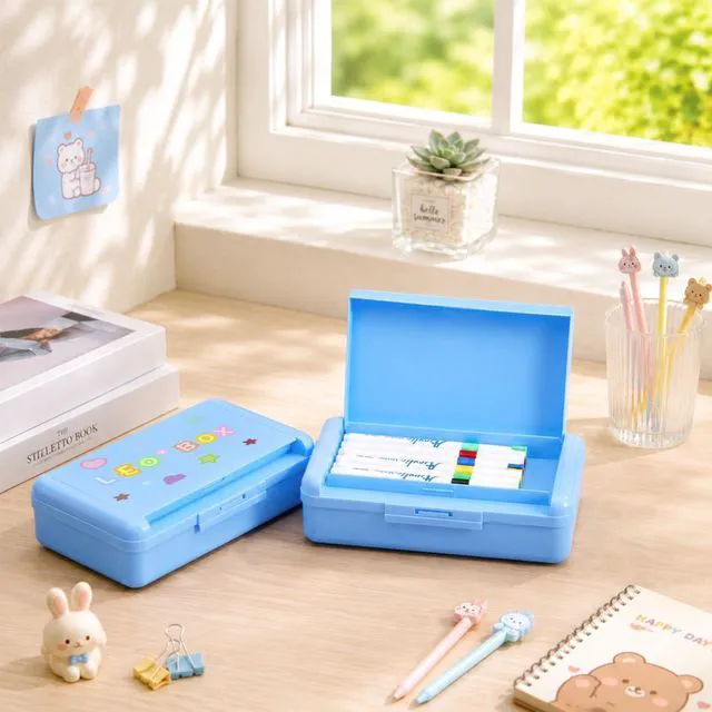 Alt view image 4 of 7 - 2 Pcs Double Layer Plastic Pencil Box with 3 Stickers,Solid Blue Large Capacity Pencil Case for Kids Girl Boy Back to School Supplies Hard Crayon Organizer with Snap-tight Lid for Art Craft