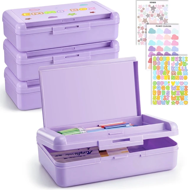 Main image of 4 Pcs Double Layer Plastic Pencil Box with 3 Stickers,Solid Purple Large Capacity Pencil Case for Kids Girl Boy Back to School Supplies Hard Crayon Organizer with Snap-tight Lid for Art Craft