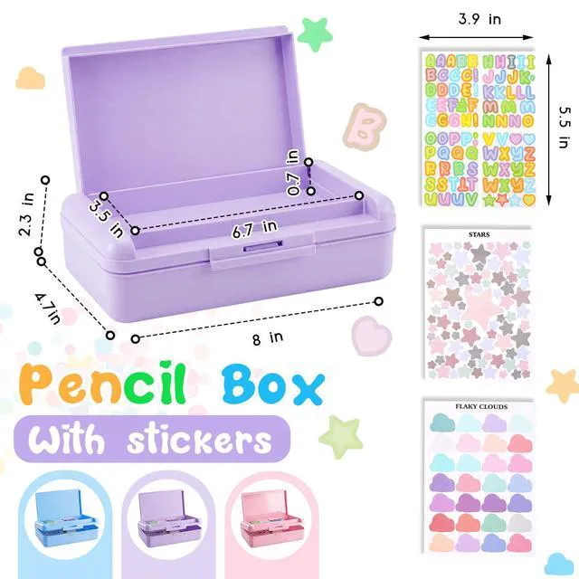 Alt view image 2 of 7 - 4 Pcs Double Layer Plastic Pencil Box with 3 Stickers,Solid Purple Large Capacity Pencil Case for Kids Girl Boy Back to School Supplies Hard Crayon Organizer with Snap-tight Lid for Art Craft