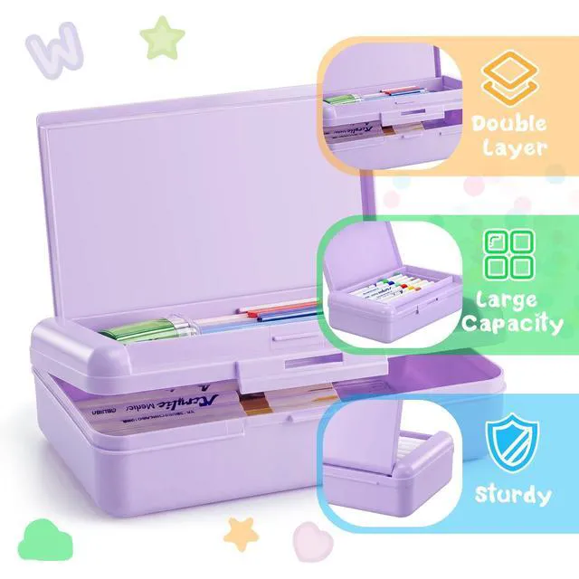 Alt view image 3 of 7 - 4 Pcs Double Layer Plastic Pencil Box with 3 Stickers,Solid Purple Large Capacity Pencil Case for Kids Girl Boy Back to School Supplies Hard Crayon Organizer with Snap-tight Lid for Art Craft