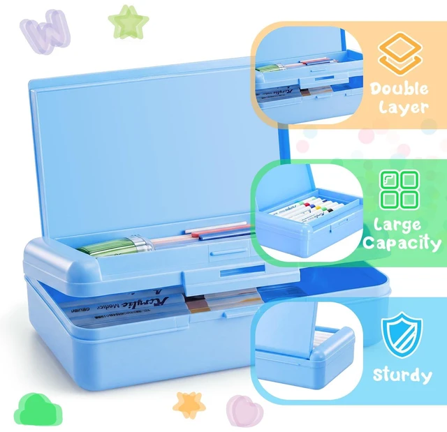 Alt view image 3 of 7 - 2 Pcs Double Layer Plastic Pencil Box with 3 Stickers,Solid Blue Large Capacity Pencil Case for Kids Girl Boy Back to School Supplies Hard Crayon Organizer with Snap-tight Lid for Art Craft