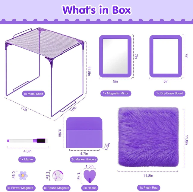 Alt view image 2 of 7 - 17PCS Locker Accessories for Girls, Lockers Decor for School, Purple Includes a metal mesh shelf, whiteboard, magnetic mirror, marker holders, plush rug and magnets for locker organizer