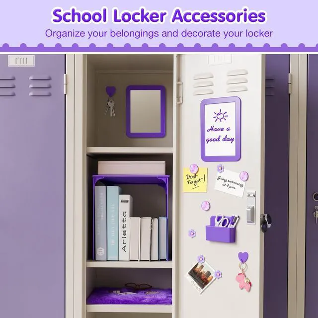 Alt view image 3 of 7 - 17PCS Locker Accessories for Girls, Lockers Decor for School, Purple Includes a metal mesh shelf, whiteboard, magnetic mirror, marker holders, plush rug and magnets for locker organizer