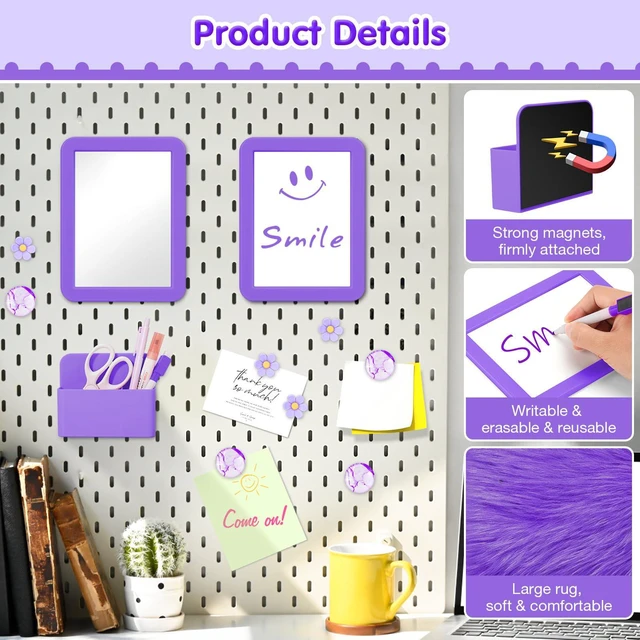 Alt view image 5 of 7 - 17PCS Locker Accessories for Girls, Lockers Decor for School, Purple Includes a metal mesh shelf, whiteboard, magnetic mirror, marker holders, plush rug and magnets for locker organizer