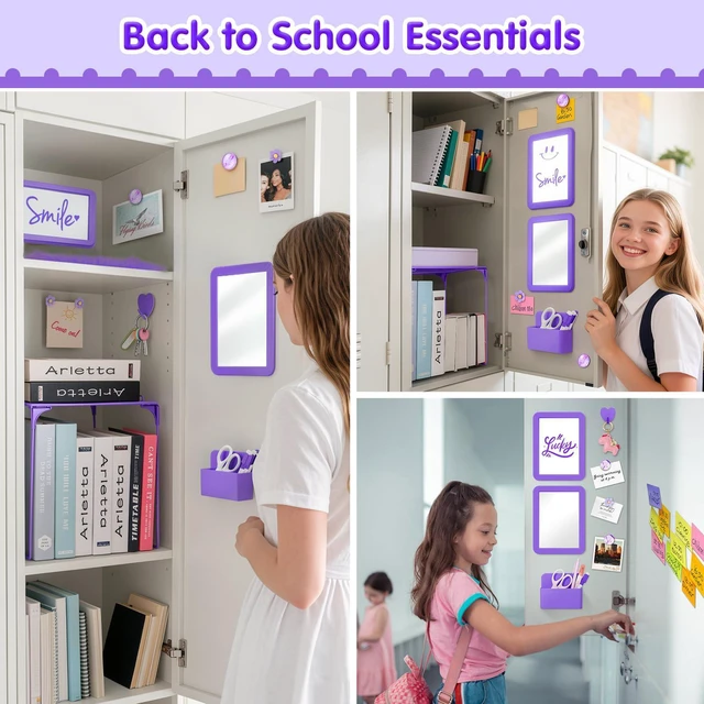 Alt view image 6 of 7 - 17PCS Locker Accessories for Girls, Lockers Decor for School, Purple Includes a metal mesh shelf, whiteboard, magnetic mirror, marker holders, plush rug and magnets for locker organizer