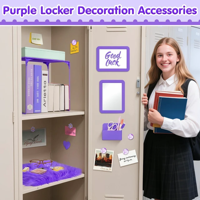 Alt view image 7 of 7 - 17PCS Locker Accessories for Girls, Lockers Decor for School, Purple Includes a metal mesh shelf, whiteboard, magnetic mirror, marker holders, plush rug and magnets for locker organizer