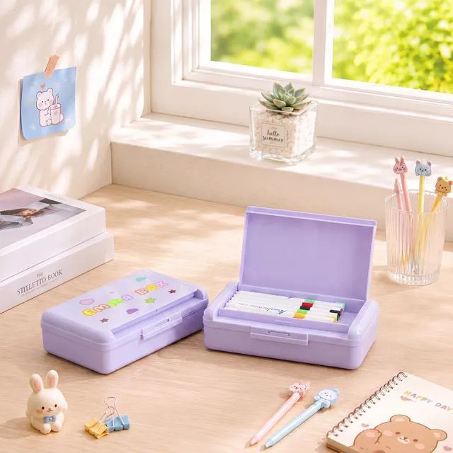 Alt view image 4 of 7 - 4 Pcs Double Layer Plastic Pencil Box with 3 Stickers,Solid Purple Large Capacity Pencil Case for Kids Girl Boy Back to School Supplies Hard Crayon Organizer with Snap-tight Lid for Art Craft