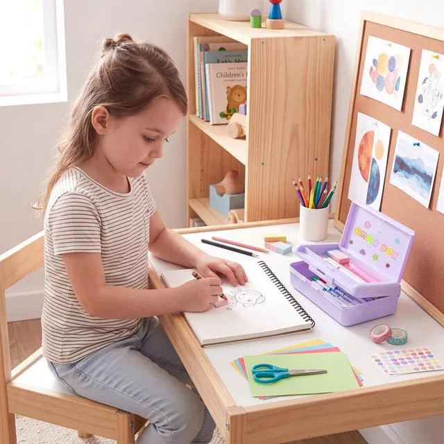 Alt view image 5 of 7 - 4 Pcs Double Layer Plastic Pencil Box with 3 Stickers,Solid Purple Large Capacity Pencil Case for Kids Girl Boy Back to School Supplies Hard Crayon Organizer with Snap-tight Lid for Art Craft
