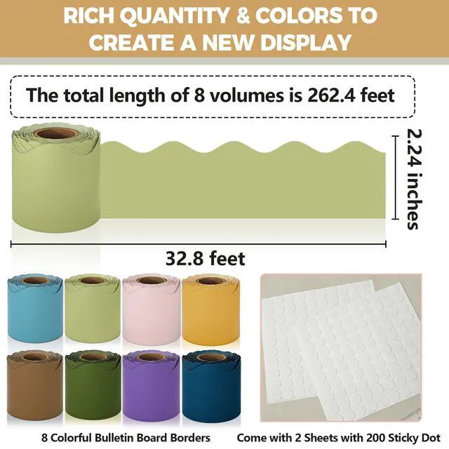 Alt view image 2 of 7 - Bulletin Board Borders, 8 Rolls 262.4 Ft Scalloped Boho Classroom Decor Bulletin Board Decorations for Classroom, School, Office, Blackboard, Whiteboard Trim, Home, Waterproof & Tear Resistant