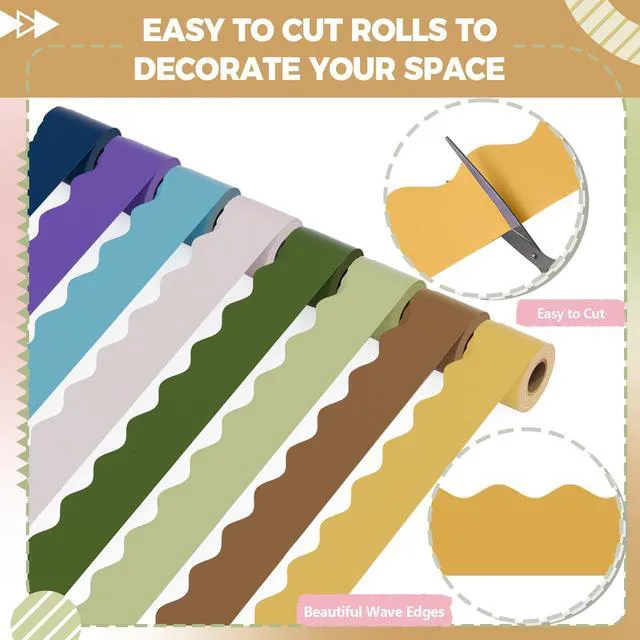 Alt view image 4 of 7 - Bulletin Board Borders, 8 Rolls 262.4 Ft Scalloped Boho Classroom Decor Bulletin Board Decorations for Classroom, School, Office, Blackboard, Whiteboard Trim, Home, Waterproof & Tear Resistant