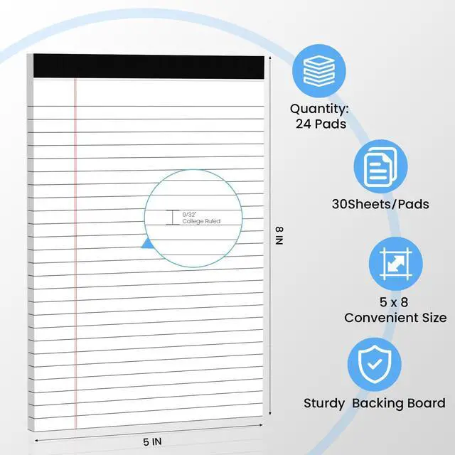 Alt view image 2 of 6 - 24 Pack Notepads 5x8, White, Small Legal Pads, Perforated Notebook College Ruled Note Pads for School, Note Taking, Teacher & Office Supplies, Writing Pads,30 Sheets/Pack