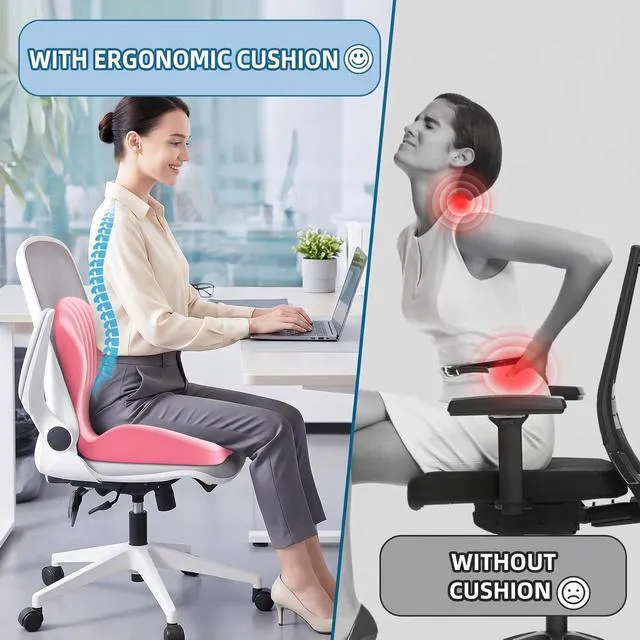 Alt view image 3 of 7 - Ergonomic Lumbar & Seat Support Cushion 2-in-1 Memory Foam Cushion with Coccyx Hollow Design for Office Chair, Car Seat, Home Use - Relieves Back & Hip Pain (Pink)