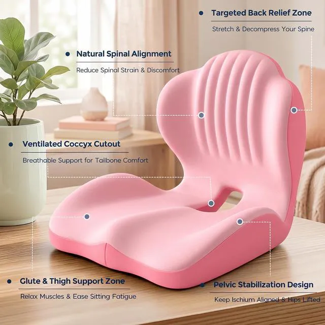 Alt view image 4 of 7 - Ergonomic Lumbar & Seat Support Cushion 2-in-1 Memory Foam Cushion with Coccyx Hollow Design for Office Chair, Car Seat, Home Use - Relieves Back & Hip Pain (Pink)