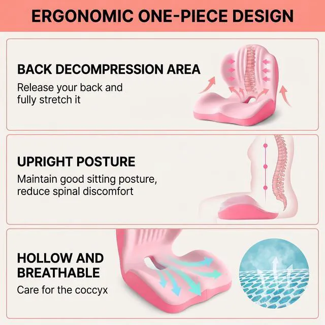 Alt view image 5 of 7 - Ergonomic Lumbar & Seat Support Cushion 2-in-1 Memory Foam Cushion with Coccyx Hollow Design for Office Chair, Car Seat, Home Use - Relieves Back & Hip Pain (Pink)