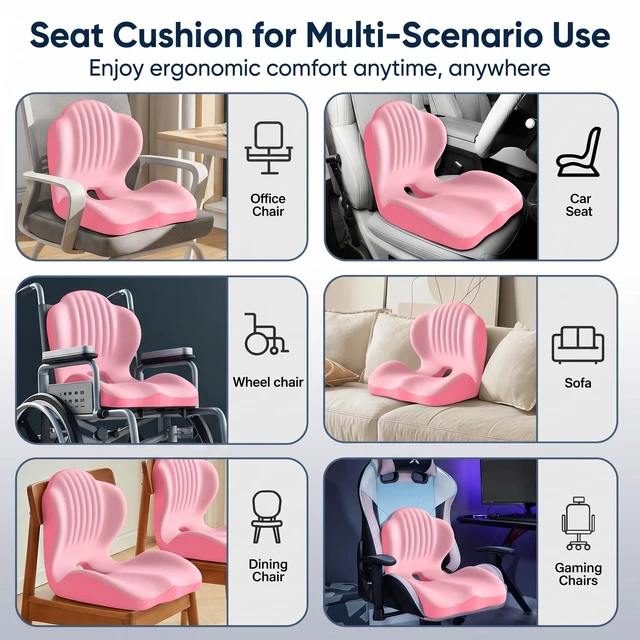 Alt view image 7 of 7 - Ergonomic Lumbar & Seat Support Cushion 2-in-1 Memory Foam Cushion with Coccyx Hollow Design for Office Chair, Car Seat, Home Use - Relieves Back & Hip Pain (Pink)