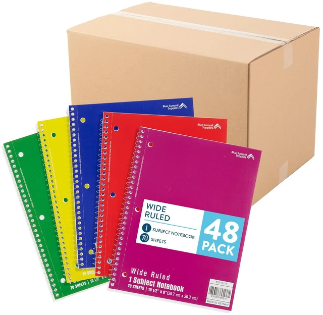Main image of 48 Pack Spiral Notebooks Bulk, Wide Ruled, Assorted 8 x 10.5 in, 70 Sheets Each, 3 Hole Punched, Perforated, Bulk Carton, Color Coded for School and Office