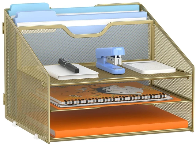 Main image of Letter Tray Organizer, Mesh Desk File Organizer with 3 Paper Trays and 2 Vertical Upright Section (Gold)