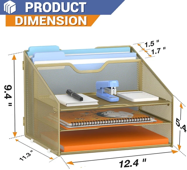 Alt view image 2 of 7 - Letter Tray Organizer, Mesh Desk File Organizer with 3 Paper Trays and 2 Vertical Upright Section (Gold)