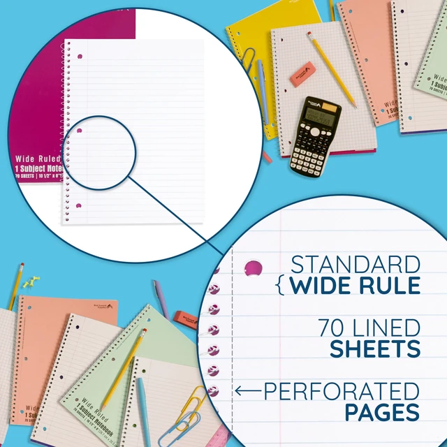 Alt view image 3 of 7 - 48 Pack Spiral Notebooks Bulk, Wide Ruled, Assorted 8 x 10.5 in, 70 Sheets Each, 3 Hole Punched, Perforated, Bulk Carton, Color Coded for School and Office