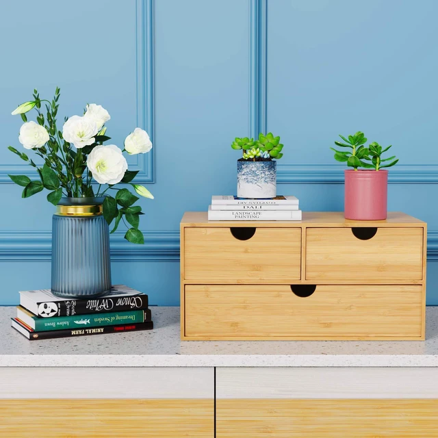 Alt view image 2 of 7 - Bamboo Desk Organizer with Drawers, 3-Drawer Desktop Storage Box 3 Drawers Open Top Tray Fully Assembled Stores Pens, Notes, Makeup, Jewelry & Toiletries for Office, Vanity & Bath