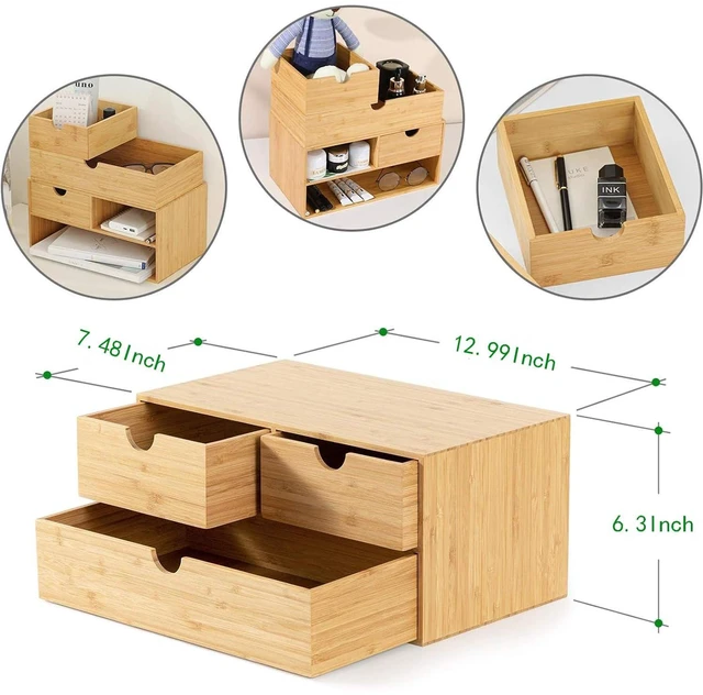 Alt view image 3 of 7 - Bamboo Desk Organizer with Drawers, 3-Drawer Desktop Storage Box 3 Drawers Open Top Tray Fully Assembled Stores Pens, Notes, Makeup, Jewelry & Toiletries for Office, Vanity & Bath