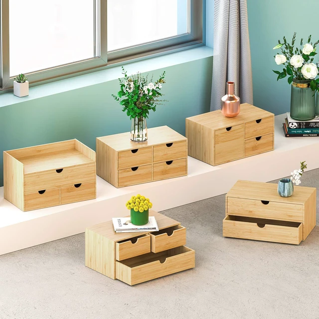 Alt view image 7 of 7 - Bamboo Desk Organizer with Drawers, 3-Drawer Desktop Storage Box 3 Drawers Open Top Tray Fully Assembled Stores Pens, Notes, Makeup, Jewelry & Toiletries for Office, Vanity & Bath