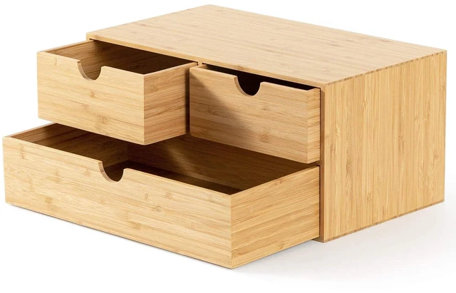 Alt view image 6 of 7 - Bamboo Desk Organizer with Drawers, 3-Drawer Desktop Storage Box 3 Drawers Open Top Tray Fully Assembled Stores Pens, Notes, Makeup, Jewelry & Toiletries for Office, Vanity & Bath