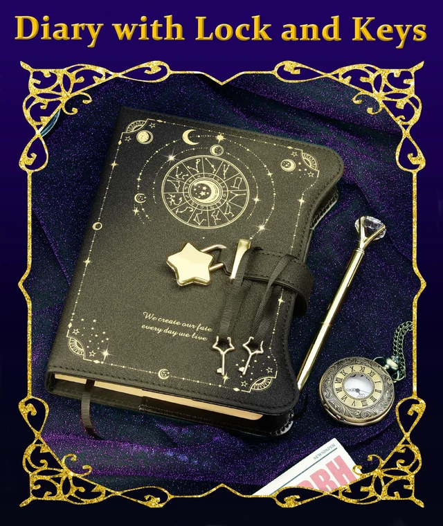 Alt view image 6 of 7 - Diary with Lock and Keys for Girls Gift Ideas, 360 Pages Journal Elegant Gift Box for Teen Girls, B6 Kraft Pages Refillable Notebook with Pen and Bookmark for Writing, Astro Black