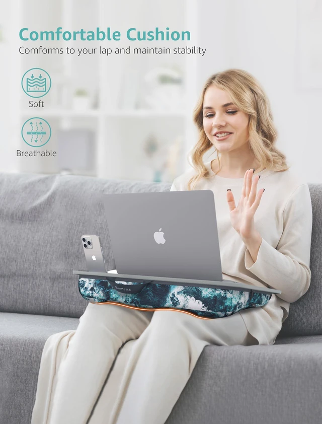 Alt view image 2 of 7 - Lap Desk | Portable Laptop Desk Fits Up to 15.6" Laptops Detachable & Washable, Phone Holder, Device Ledge for Writing, Working, Reading on Bed, Couch, Sofa, Floor Blue Waves (Small)