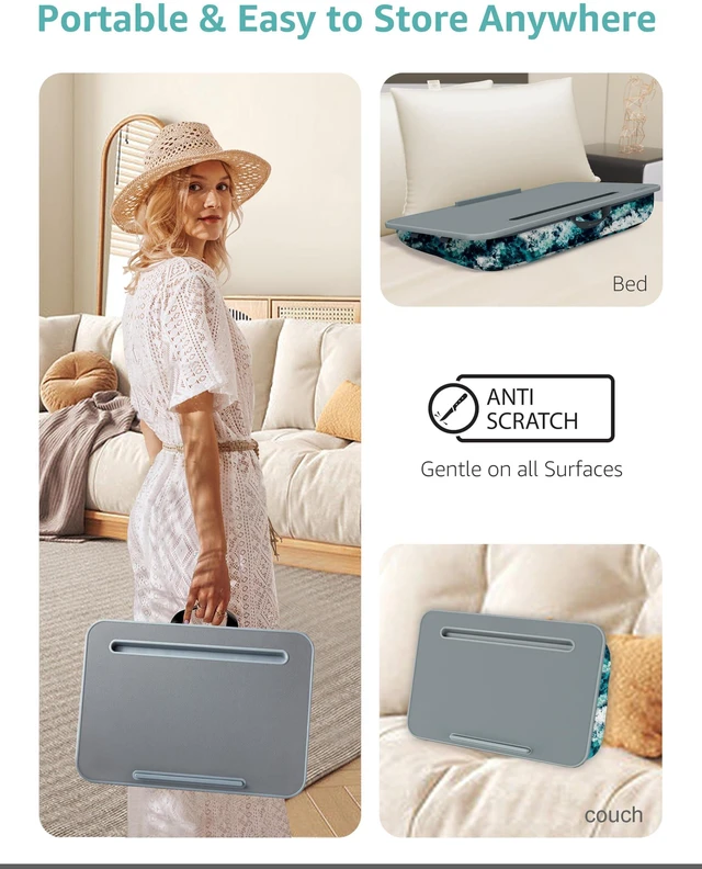 Alt view image 3 of 7 - Lap Desk | Portable Laptop Desk Fits Up to 15.6" Laptops Detachable & Washable, Phone Holder, Device Ledge for Writing, Working, Reading on Bed, Couch, Sofa, Floor Blue Waves (Small)