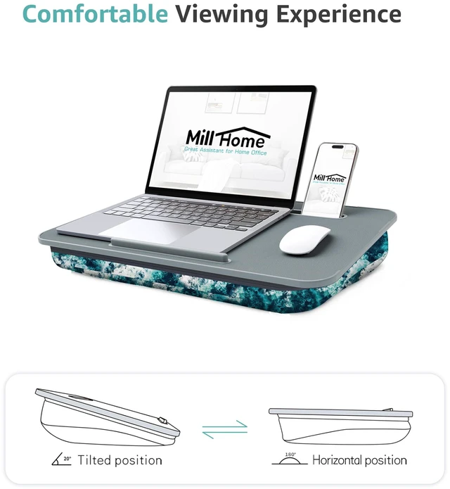 Alt view image 6 of 7 - Lap Desk | Portable Laptop Desk Fits Up to 15.6" Laptops Detachable & Washable, Phone Holder, Device Ledge for Writing, Working, Reading on Bed, Couch, Sofa, Floor Blue Waves (Small)